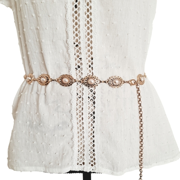Gold Metal chain concho faux Pearl Retro Dainty statement hip waist belt boho - Picture 1 of 10
